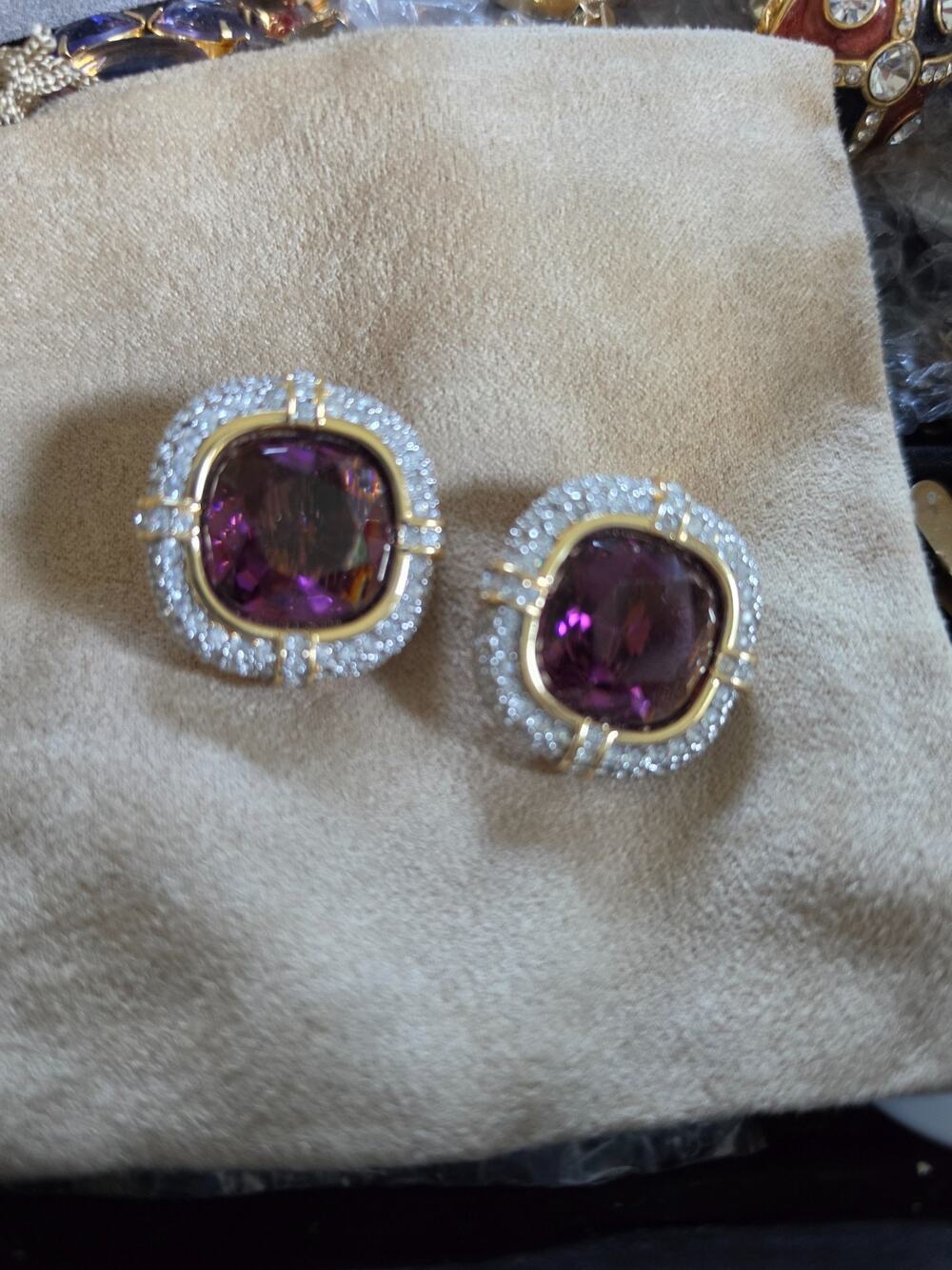 Vintage Swarovski Signed Rhinestone Goldplate Purple/Clear Crystal Clip-on